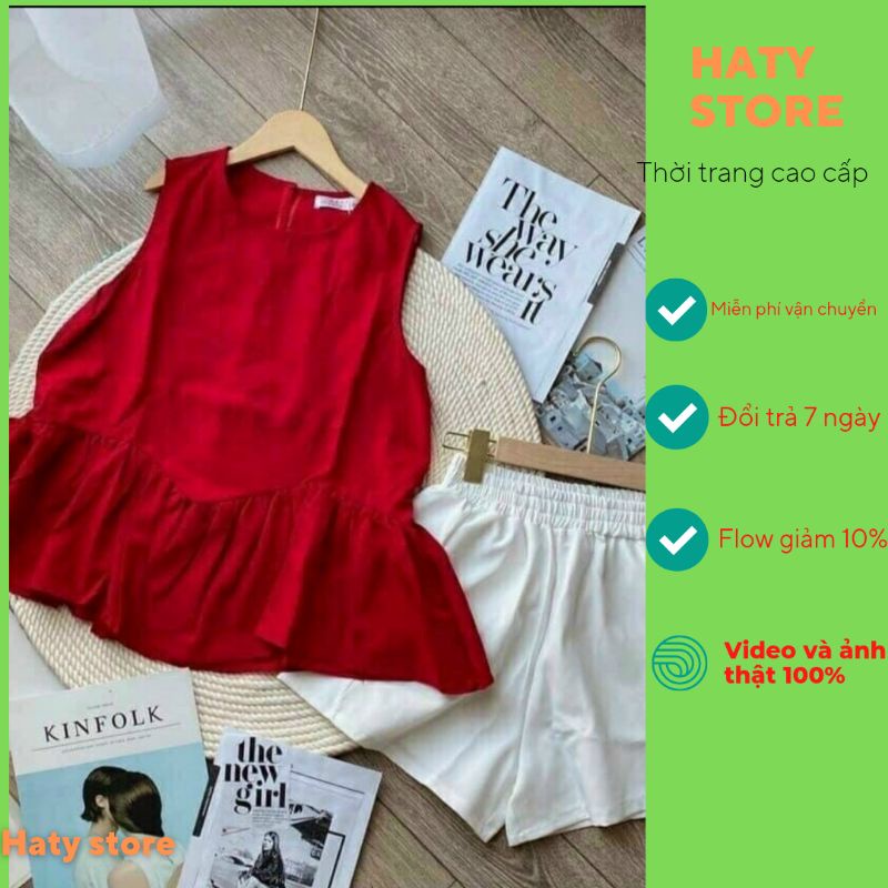 Set đũi nữ HATY 4 mã HA202 chất liệu đũi nhăn , áo bèo màu đỏ và quần shot trắng