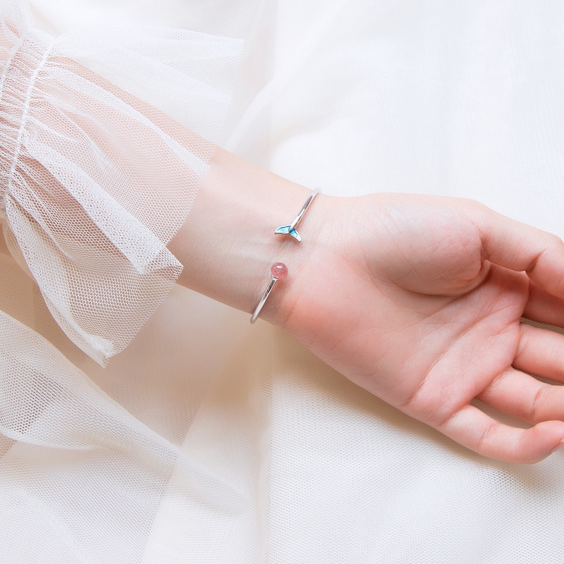 Vòng Tay Mạ Bạc 925 Hình Đuôi Cá Đính Ngọc Trai Đơn Giản Xinh Xắn