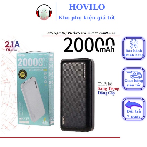 Pin sạc dự phòng 20000mah WK DESIGN WP-117 Pin dự phòng chính hãng sạc nhanh 2 cổng sạc nhanh 2.1A vân nhám đẳng cấp