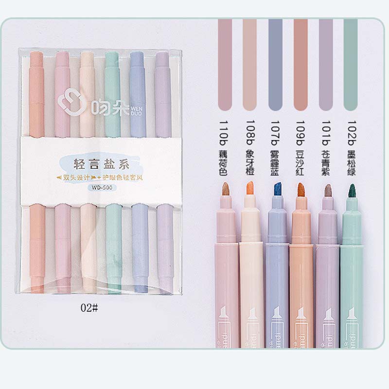 Bộ 6 Bút Dạ Quang Highlight Thân Tròn 2 Đầu Retro Pastel Morandi