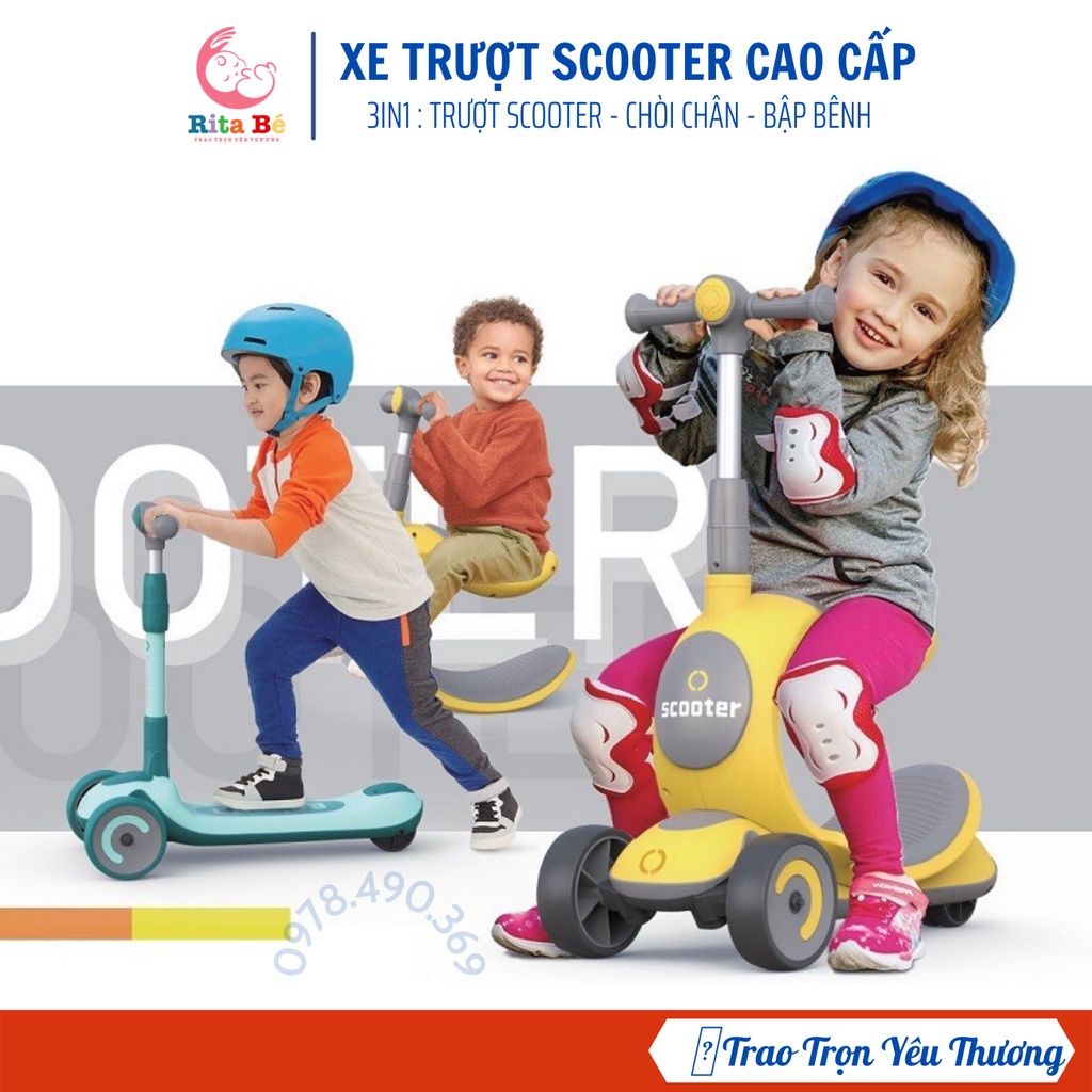 Xe trượt scooter 3 bánh có đèn, xe chòi chân cho bé 808