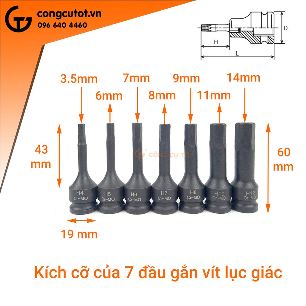 Đầu vặn vít lục giác gắn súng bắn ốc 3/8&quot; thép Cr-MO H4 - H12
