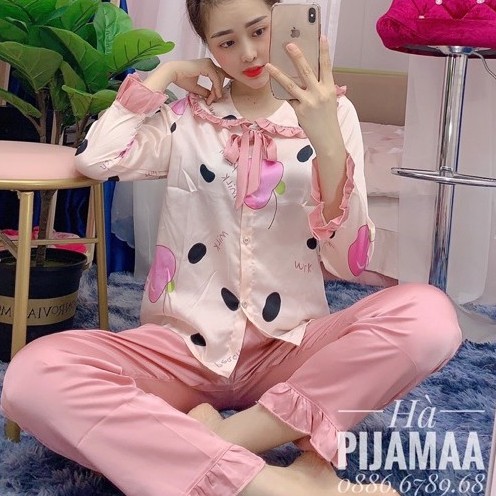 Đồ Ngủ Satin PIJAMA Cao Cấp Tay Dài Phong Cách Tiểu Thư Họa Tiết Đơn Giản