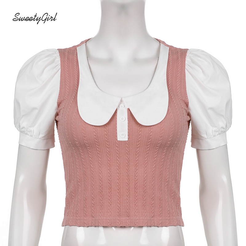 Áo Thun Cổ Chữ U Tay Ngắn Màu Sắc Tương Phản Dễ Thương Dành Cho Nữ 2022