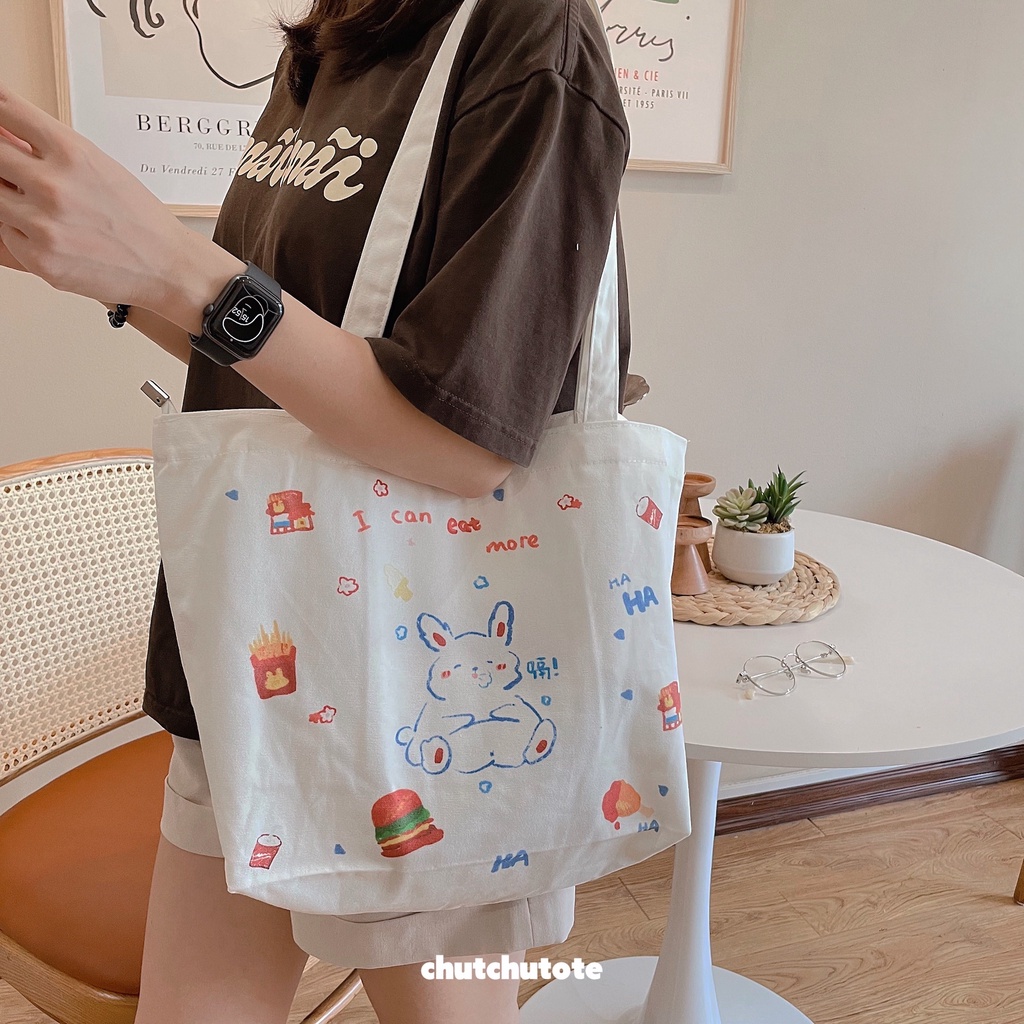 T330/Túi tote túi vải canvas phong cách Hàn quốc, có khóa miệng ngăn phụ bên trong thời trang ulzzang hình thỏ đáng yêu