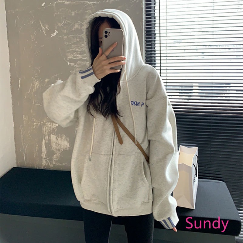 Áo Khoác Hoodie Dáng Rộng Phối Khóa Kéo Thời Trang Mùa Thu Phong Cách Hàn Quốc Cho Nữ