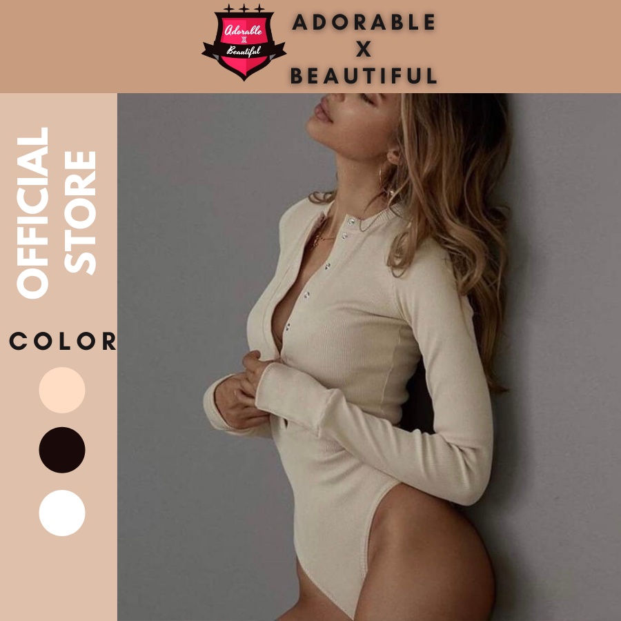 [AdorablexBeautiful] Áo Bodysuit Tay Dài Nút Thun Gân Trơn Basic Dành Cho Nữ 3 Màu Sexy Quyến Rũ