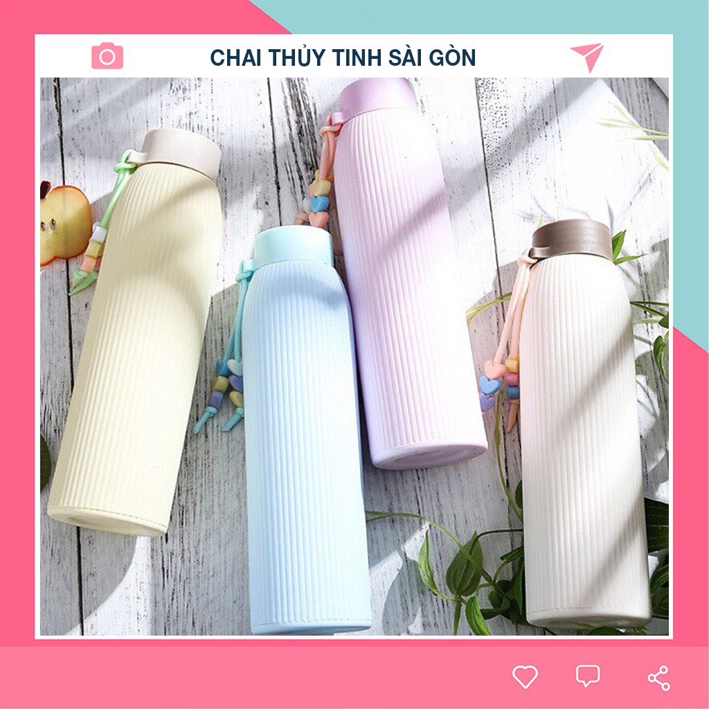 [Có Video + Hình Thật] BÌNH NƯỚC THỦY TINH GIỮ NHIỆT BỌC NHỰA CAO CẤP 420ML