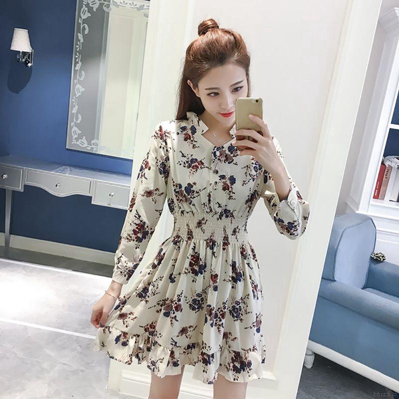 FREESHIP ĐƠN 99K_ Đầm tay dài hoạ tiết hoa thiết kế cổ chữ V nữ tính
