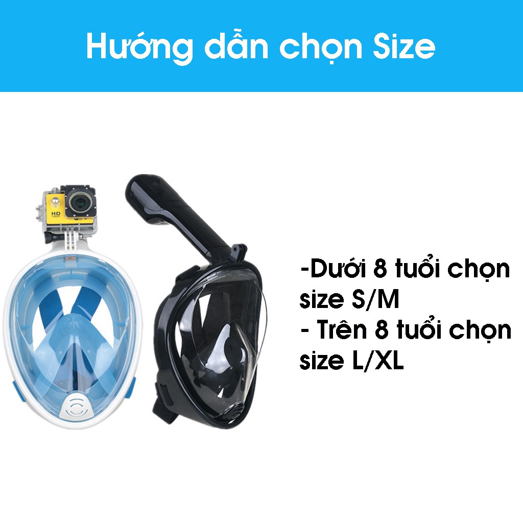 Mặt nạ lặn kính lặn biển Fullface gắn ống thở góc nhìn 180 độ, gắn được camera hành trình ngắm san hô cực đỉnh