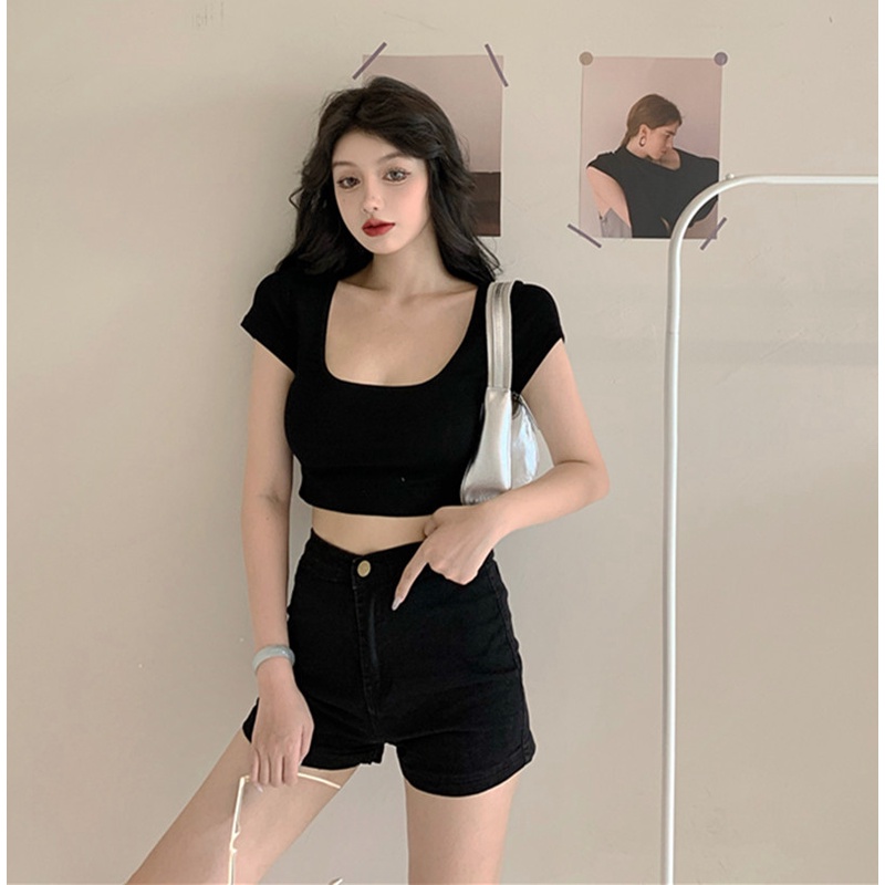 Áo Croptop Cổ Vuông Tay Ngắn Cotton 4 chiều Form ngắn RT6