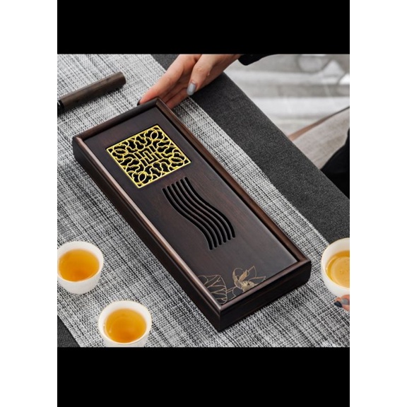 Khay bàn trà gỗ hình chữ nhật nhỏ độc ẩm có mặt đồng để ấm tử sa tặng gấp ly bằng tre cao cấp