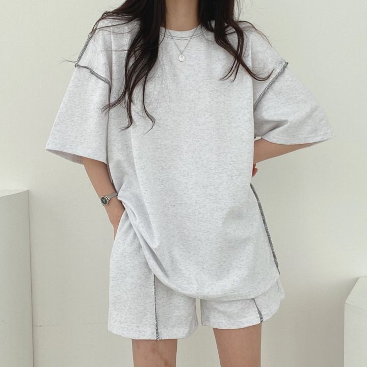 Bộ quần áo thể thao 100% cotton màu trơn dáng rộng phong cách hè 2021 cho nữ (có bán lẻ)
