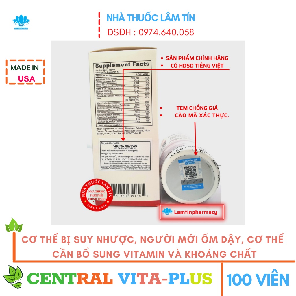 ✅(Chính Hãng) Central Vita Plus Bổ sung vitamin và khoáng chất cho người mới dậy suy nhược cơ thể Hộp 100viên