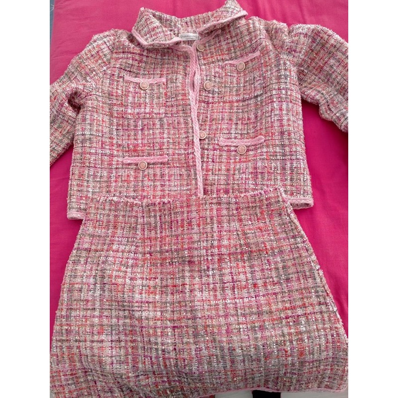 Set áo khoác váy dạ tweed cúc ngọc tiểu thư
