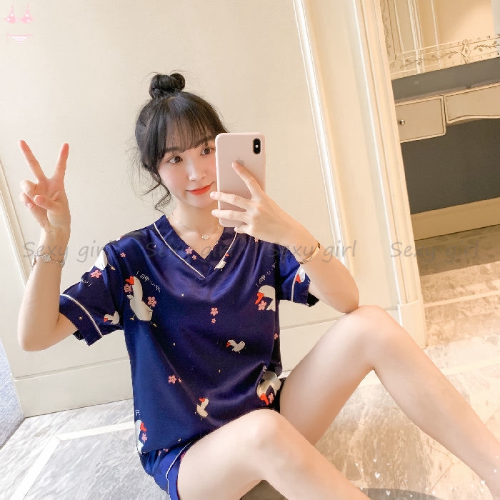 Bộ Đồ Ngủ Ngắn Tay Bằng Lụa In Họa Tiết Xinh Xắn Dành Cho Nữ | BigBuy360 - bigbuy360.vn