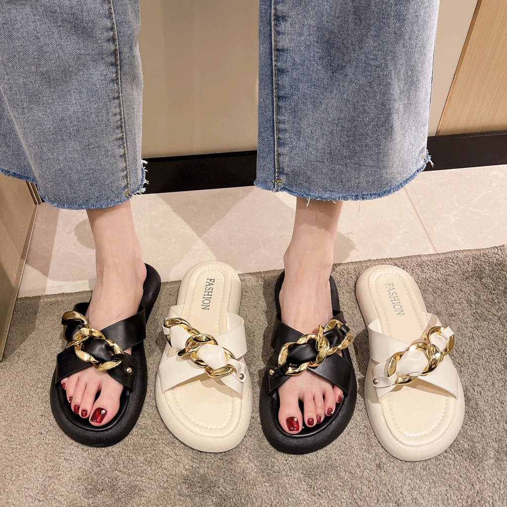 Dép Nữ Đế Bằng Quai Chéo Bằng Kim Loại Thời Trang 01111