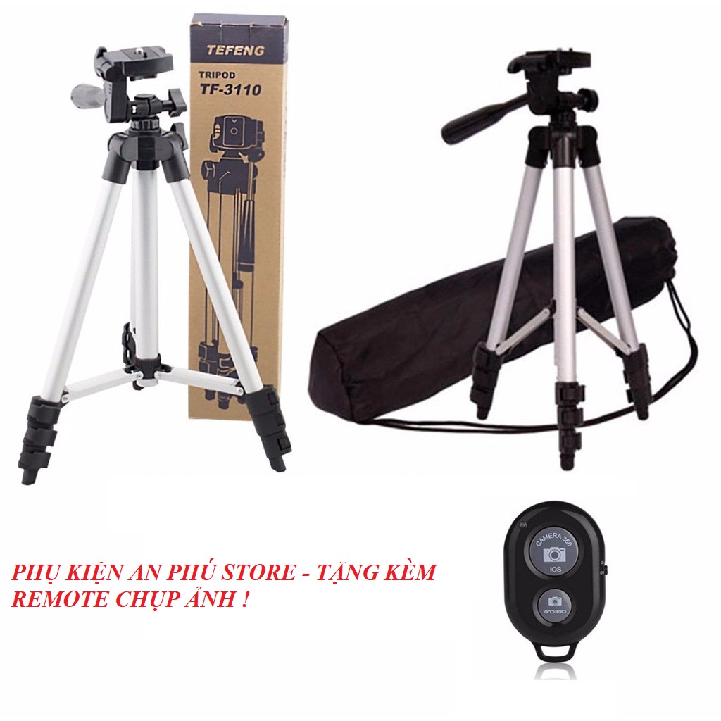 Gậy Tripod 3 chân TF - 3110A cao hơn 1m, gậy kèm 1 Kẹp điện thoại,túi đựng và 1 Remote bluetooth điều khiển từ xa