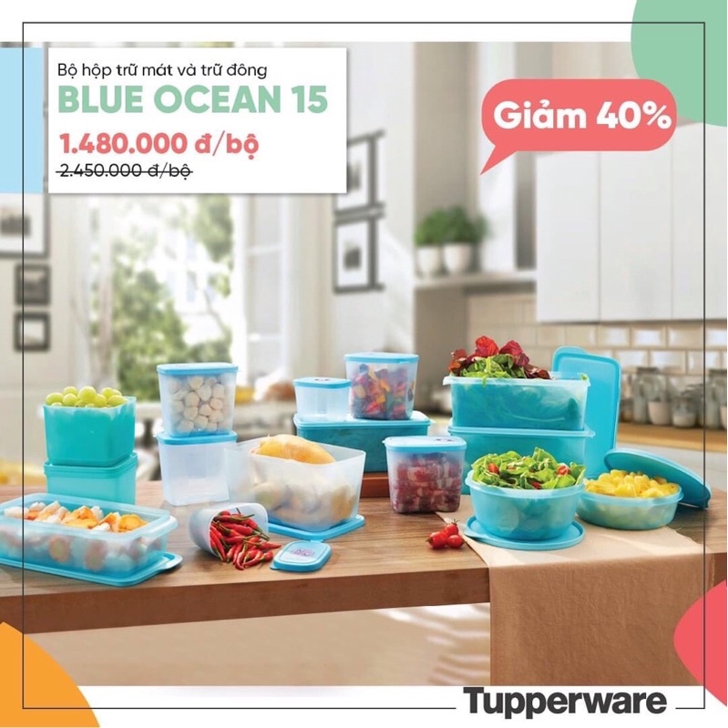 Tupperware -(vì dịch Công ty ko sxuất được hộp, có túi vải Tupperware) BỘ HỘP TRỮ MÁT &amp; TRỮ ĐÔNG BLUE OCEAN SET 15 HỘP