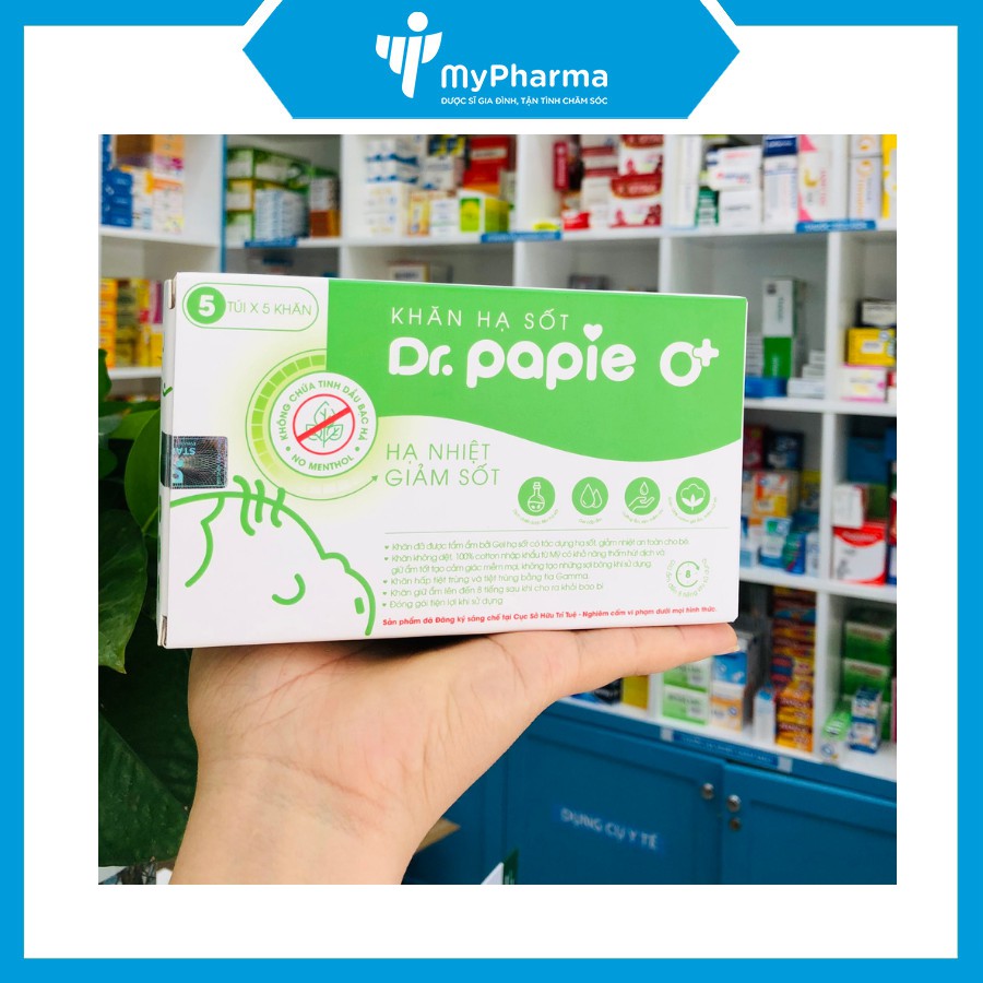 Khăn hạ sốt Dr. Papie 0+ - hạ nhiệt giảm sốt (5 túi x 5 khăn)