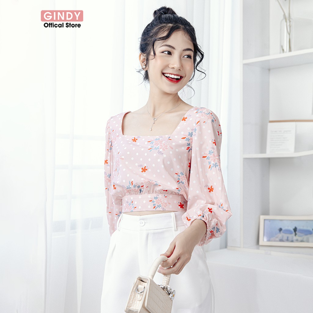 Áo sơ mi lụa nữ dáng croptop cổ vuông dài tay GINDY họa tiết hoa hải đường chất lụa ngọc trai mềm mát thoải mái A5102