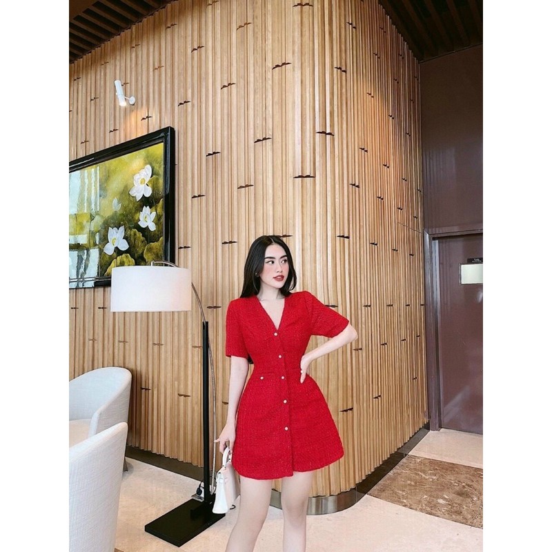 ĐẦM BỐ ĐỎ CỔ V PHỐI NÚT