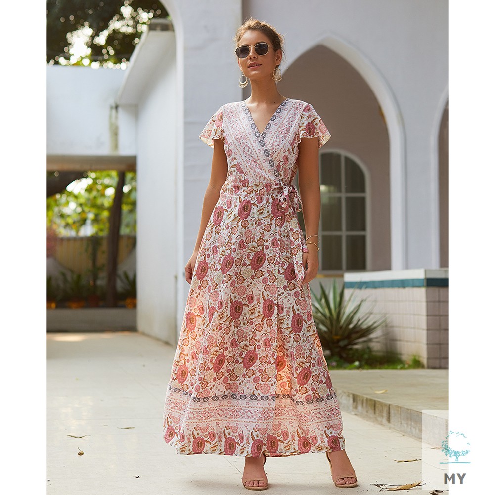 Đầm Dài Tay Ngắn Cổ Chữ V In Họa Tiết Hoa Phong Cách Boho Thời Trang Cho Nữ | BigBuy360 - bigbuy360.vn