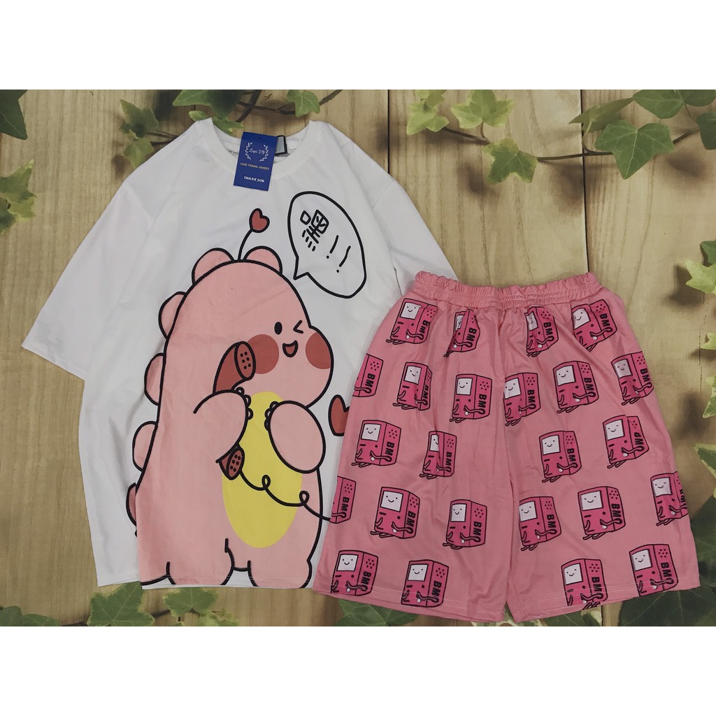 Set Bộ Cartoon In hình 3D &quot;KHỦNG LONG HỒNG&quot; cực xinh Lapi VN -chất liệu vải thun cotton co dãn 4 chiều