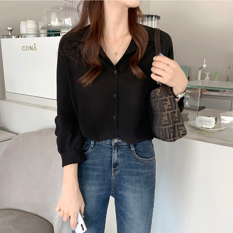 Áo Sơ Mi Nữ Tay Dài Cổ Chữ V Màu Trơn Đơn Giản 35923