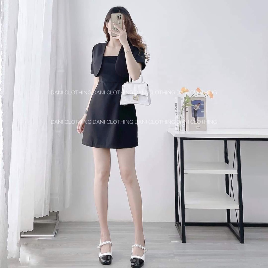 [10,10 Sales Freeship] Set đầm váy nữ 2 món, đầm 2 dây cổ vuông kèm áo khoác ngắn tay croptop sang trọng, chanh xả