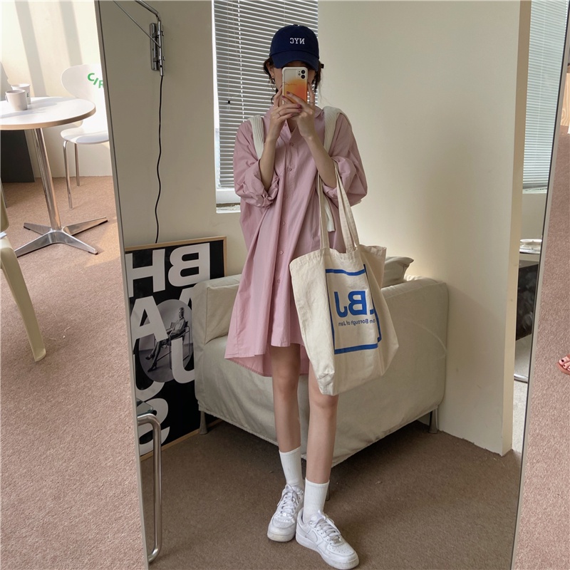Đầm sơ mi XIAOZHAINV dáng rộng tay dài phong cách Hàn Quốc thời trang đơn giản dễ phối đồ dành cho nữ