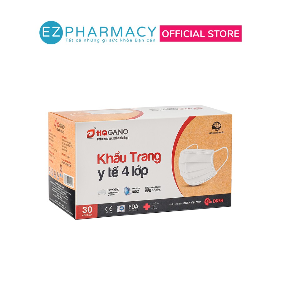 Khẩu trang y tế 4 lớp HQGANO kháng khuẩn, Hàng xuất khẩu (Hộp 30 chiếc) siêu mềm mại - quai tròn