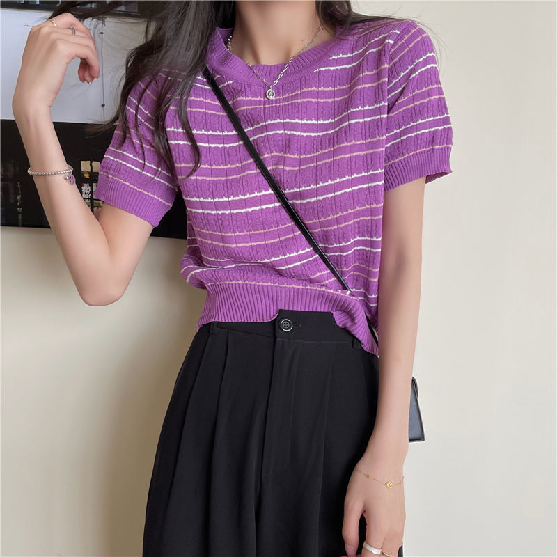 Áo Len Nữ Tay Ngắn Kẻ Sọc Ngang Thời Trang Trẻ Trung