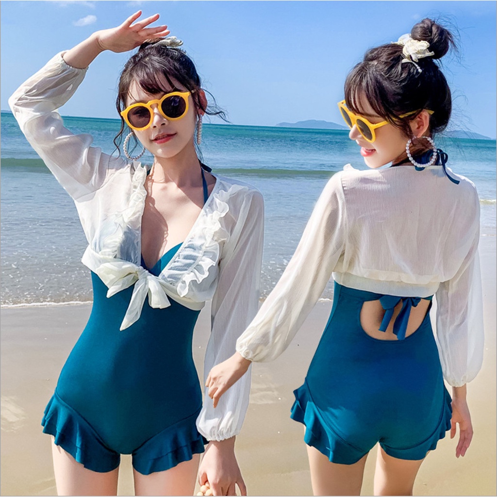 Bộ đồ bơi bikini nữ một mảnh liền thân đi tắm biển kèm áo croptop ren trắng chấm bi tiểu thư hot trend 2021