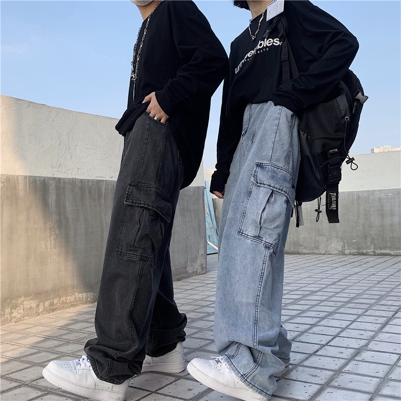 Quần denim 191581 dáng dài ống suông rộng cá tính thời trang phong cách đường phố cho cả nam và nữ