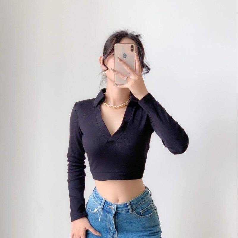 ÁO POLO CỔ trụ V dài tay trơn Croptop (al).