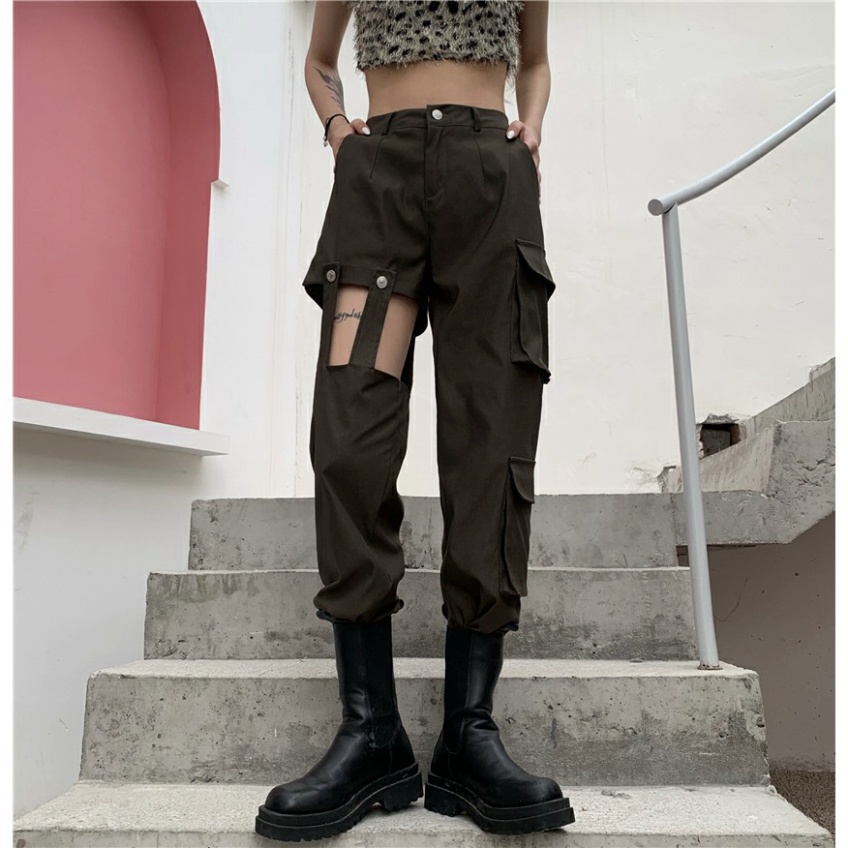 Quần jogger hở đùi dây nối ống suông sexy, quần nhảy hiphop phong cách Châu Âu