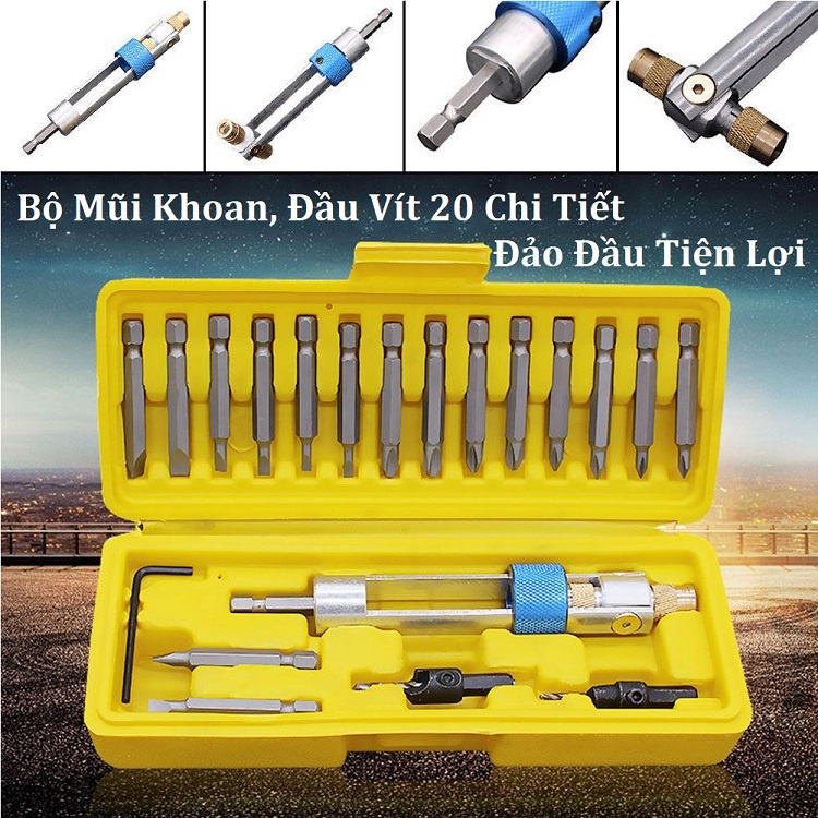 Bộ Tô Vít Mũi Khoan 20 Chi Tiết, Đảo Đầu Thông Minh Xoay 2 Chiều Tiện Dụng, Dùng Cho Máy Khoan Pin, Máy Khoan Điện 220v