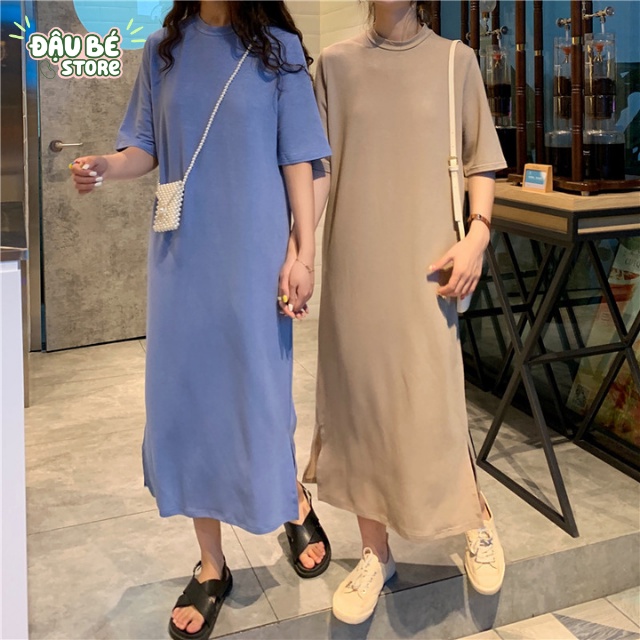 Váy Thun Suông Dáng Dài Màu Trơn Cổ Tròn Ulzzang - Đầm Xuông Nữ Form Rộng Tay Lỡ Thoáng Mát Năng Động - Daube - V002