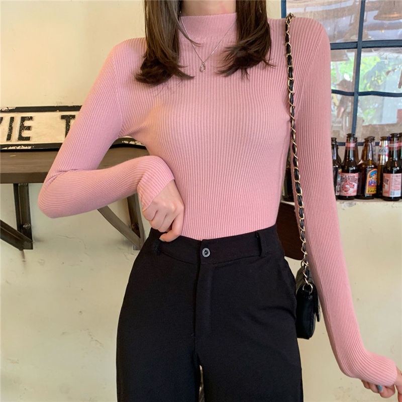 Áo Sweater Dệt Kim Cổ Lọ Tay Dài Dáng Ôm Thời Trang Mùa Thu Xinh Xắn Cho Nữ