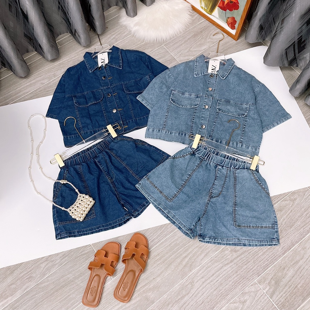 Set đồ nữ, áo croptop jean tay ngắn có cổ áo, quần short lưng chun - Tuệ Nhiên Fashion