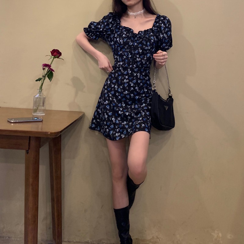(HÀNG SẴN) Váy hoa nhí xanh than nhún ngực cổ vuông dáng A-line cá tính năng động kiểu Pháp (HÀNG MỚI 2020)_ | BigBuy360 - bigbuy360.vn