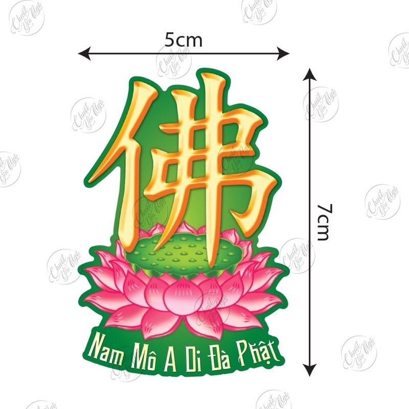 Combo 5 hình decal dchữ Phật hoa sen Nam Mô A Di Đà Phật cho ô tô, nhà cửa kích thước 12,5 cm x 8cm và 7cm x 5cm NT 05.