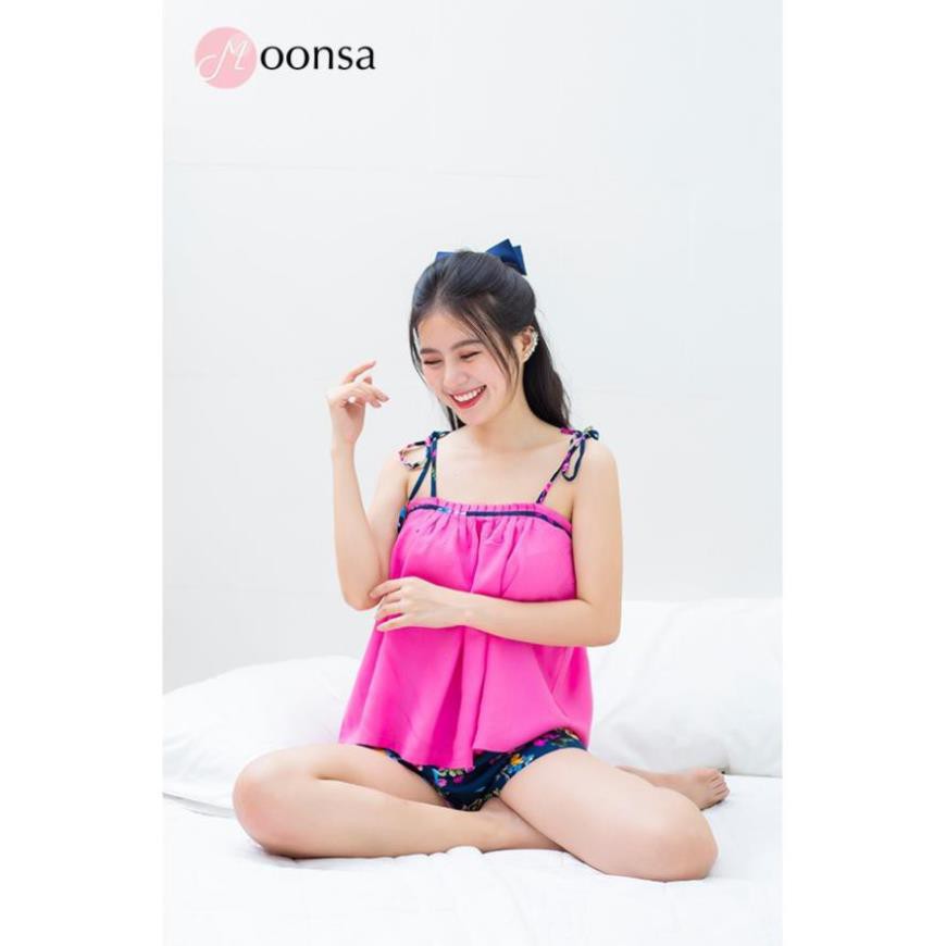[Mã WARN30 hoàn 15% xu đơn 150k] Bộ đồ ngủ 2 dây Giọt nắng hồng sen, thiết kế mặc nhà cực xinh [Moonsa]