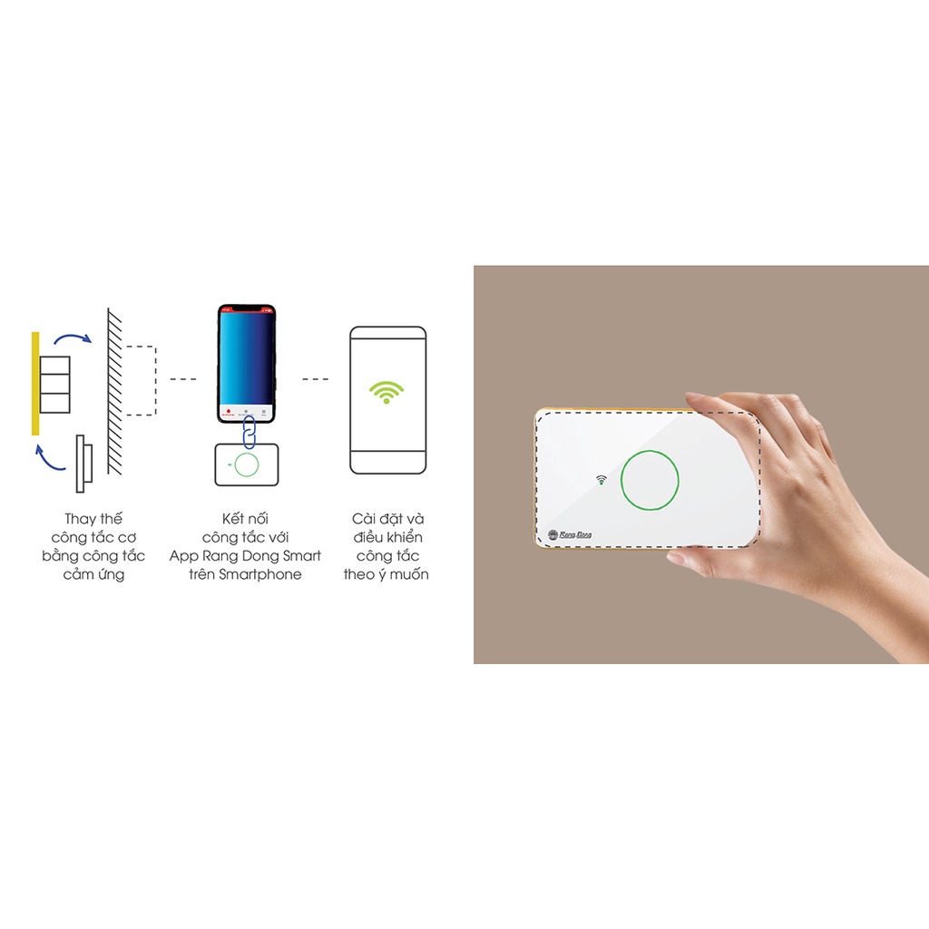 Công tắc cảm ứng Rạng Đông RD-CT.01.WF điều khiển thiết bị từ xa, mặt kính cường lực chống xước, 1 nút bấm