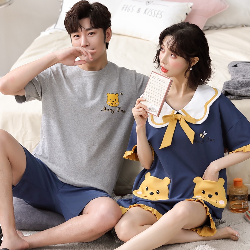 Bộ Đồ Ngủ Tay Ngắn Chất cotton Mềm Mại In Họa Tiết Hoạt Hình Dễ Thương Thời Trang Mùa Hè Cho Nam Và Nữ