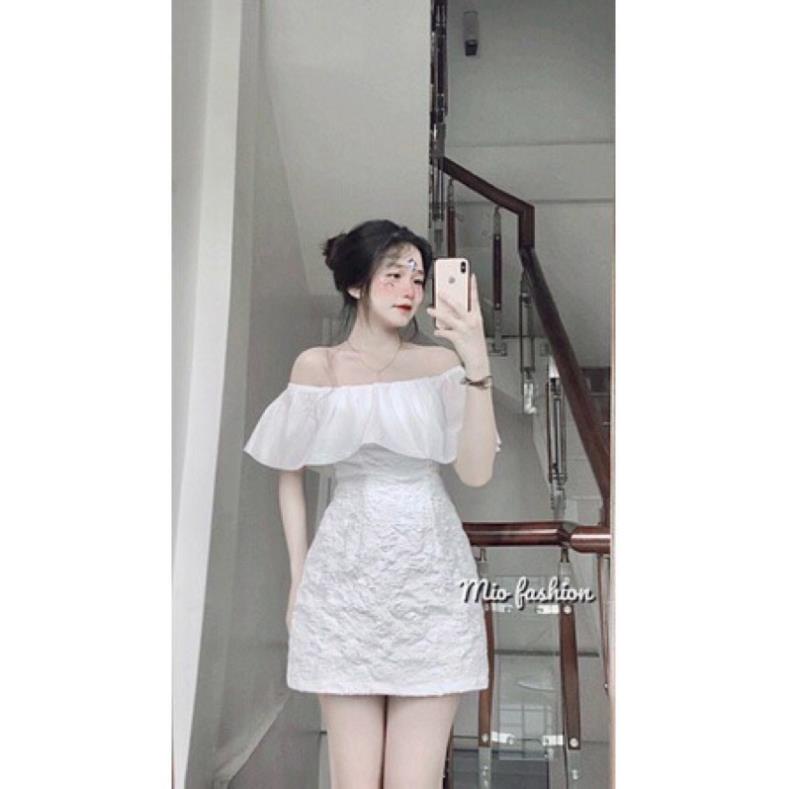 Váy Gấm Xốp Trắng Trễ Vai Phối Bèo 2 Lớp, Đầm Bánh Bèo Tiểu Thư Chụp Ảnh Đi Chơi, Đám Cưới, Dự Tiệc Siêu Xinh