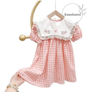 Váy bé gái kẻ karo đỏ cổ to bản phối ren XHN937