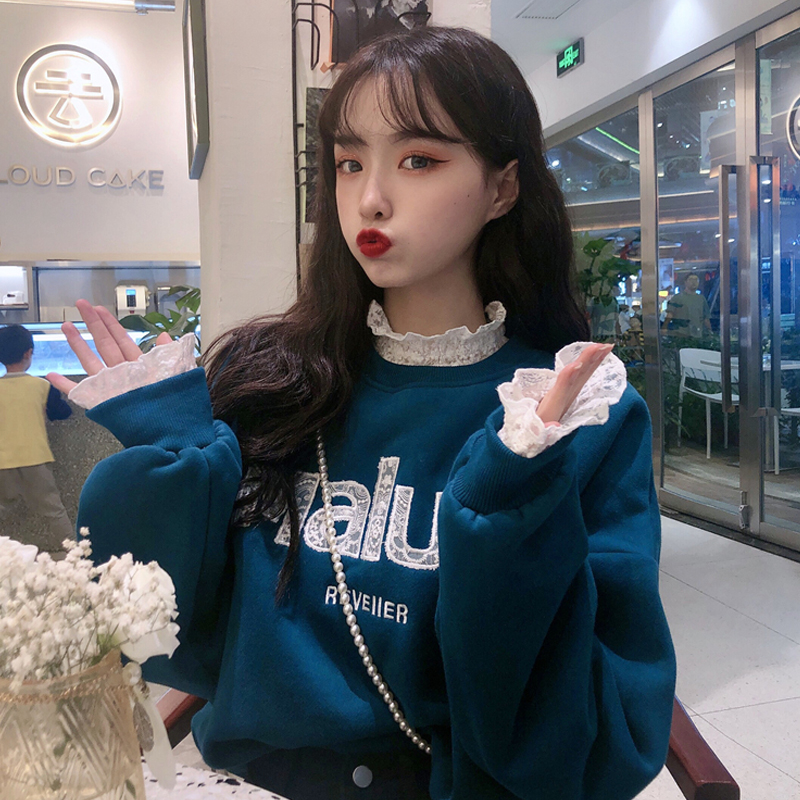 Áo Thun Nữ Phối Ren Giả Hai Lớp In Chữ Phong Cách Hàn Quốc Dễ Phối Đồ
