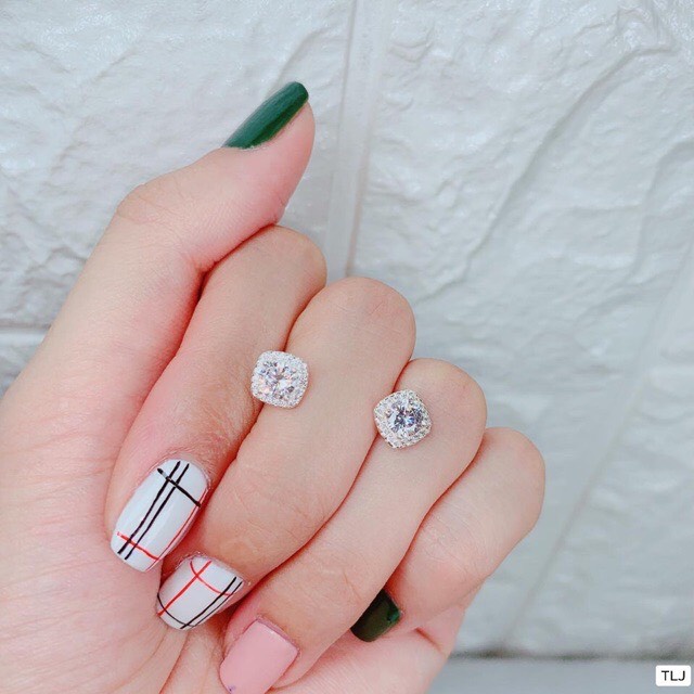 Bông tai nữ bạc thật nụ vuông đính đá sáng đẹp - Kho sỉ bạc Nhất Linh